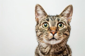 Fototapeta premium closeup of wideeyed tabby cat with comically shocked expression fur standing on end against a crisp white background for maximum impact