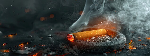 Burning Cigarette in Ashtray with Smoke