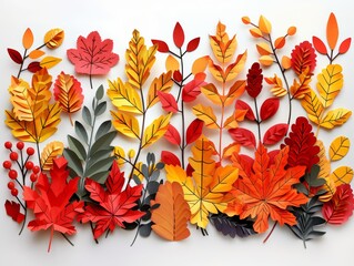 Colorful autumn leaves in various shades of red, yellow, and orange crafted from paper. Perfect for fall themed designs and projects.