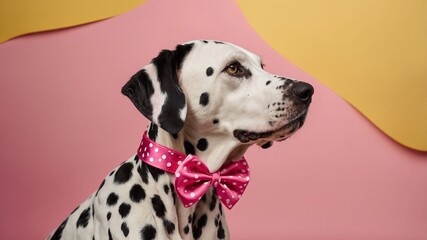 Dalmatian dog with a pink bow. Space for text, advertising of pet store, dog food, veterinary clinic