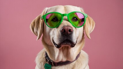 Labrador in funny glasses on a pink background. Space for text, advertising of pet store, dog food, veterinary clinic