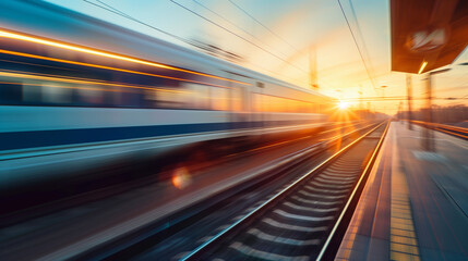 Obraz premium High speed red train with motion blur effect on the railway station at sunset. Landscape. Modern intercity passenger train in motion on the railway platform at dusk. Commuter vehicle on railroad
