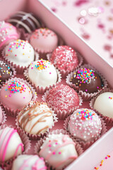 An open box filled with colorful, handcrafted chocolates in shades like pink and white chocolate. The background is a soft pastel color, creating a dreamlike atmosphere, bokeh. Selective focus.