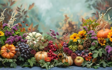 Autumnal still life with pumpkins, grapes, apples, and fall foliage.  Perfect for Thanksgiving or harvest themes.