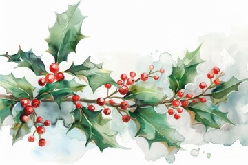 Fototapeta premium delicate watercolor illustration of holly branches with red berries soft muted green leaves contrast with vibrant red accents loose gestural style perfect for elegant christmas designs