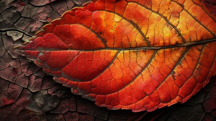 A single red and orange leaf with visible veins rests on a cracked, dark surface.  The leaf appears to be freshly fallen, with vibrant colors.