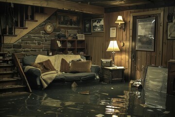 Fototapeta premium dramatic scene of water damage in a flooded basement murky water reflects dim lighting submerged furniture and belongings create a sense of loss textures of wet surfaces add depth and realism