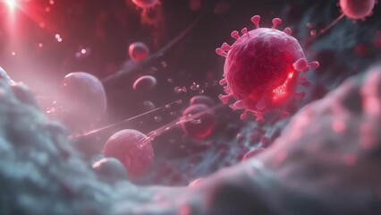 Сaptures virus particles flowing through a bloodstream as seen under an electron microscope. The high-resolution depiction showcases the intricate details of the virus and surrounding blood cells.