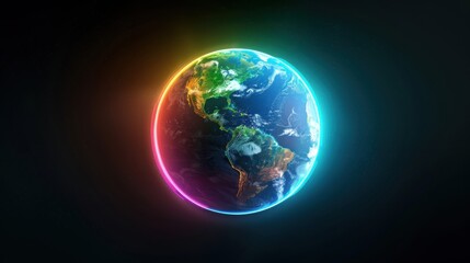 A glowing, colorful ring surrounds a detailed Earth on a dark background.