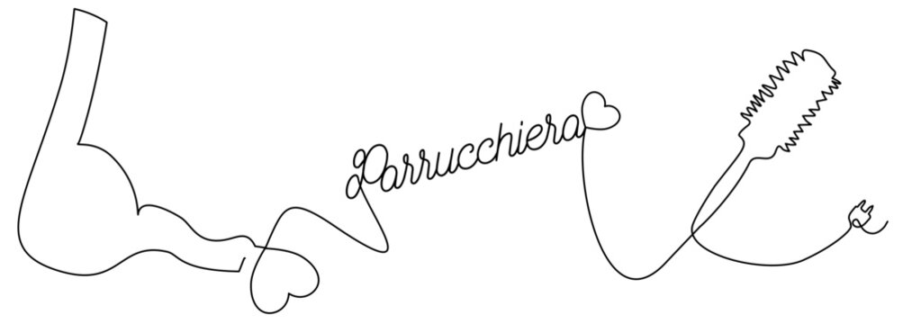 Linea continua con asciugacapelli, forbice, spazzola, cuori. parrucchiere in un semplice stile lineare - scritta parola parrucchiera - Illustrazione grafica vettoriale per decorazione, ricamo, logo
