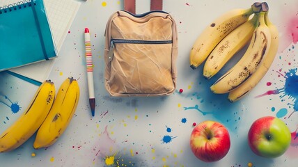 A well-lit scene showcasing a collection of school supplies, including a decent bag, a book, a pen, a pencil, an apple, and  bananas, all set against a backdrop of vibrant splashes. 

