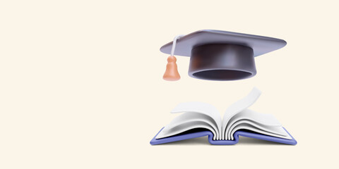 Open book and graduation cap in realistic style isolated on light background. Vector illustration