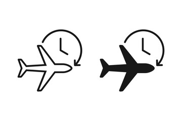 Flight time icon. Travel icon. Travel plane symbol, logo. Timer and airplane icon.