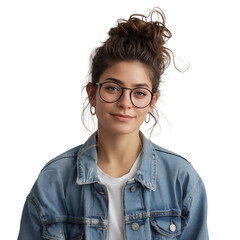 Obraz premium Young woman with glasses in a denim jacket, isolated on transparent background.