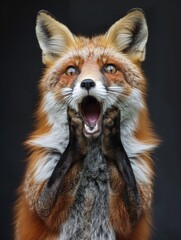Fototapeta premium A very surprised and shocked fox with its mouth open and paws touching its head. Funny inspired animal