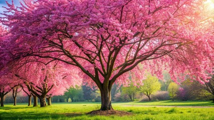 Naklejka premium Bright pink cherry blossom tree in full bloom, spring, flowers, nature, pink, petals, trees, blooming, sakura, beautiful