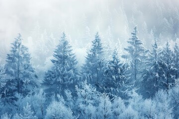 Naklejka premium enchanted winter forest blanketed in pristine snow towering evergreens laden with glistening frost soft light filtering through misty air creating a magical and serene winter wonderland