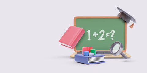 Online lecture concept in realistic style with laptop, book, blackboard, diagram. Vector illustration