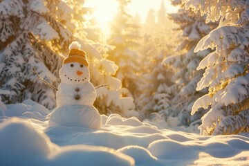 Obraz premium enchanting winter wonderland jolly snowman surrounded by snowladen pine trees warm golden light creates a cozy atmosphere against the crisp white landscape