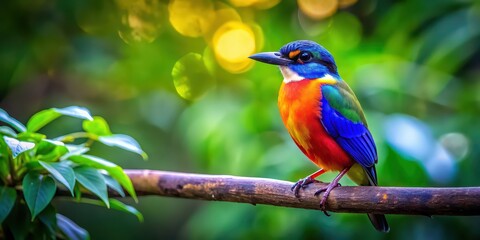 Fototapeta premium Colorful bird perched on a branch in a lush forest setting, bird, colorful, perched, branch, forest, wildlife, feathers, nature, vibrant