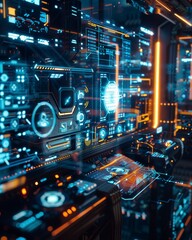 Futuristic control room with neon blue lighting, holographic screens, and digital interfaces, perfect for sci-fi projects.