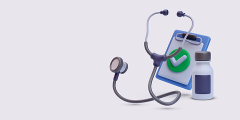 Professional medical clinic concept banner in realistic style with stethoscope, pills, clipboard. Vector illustration