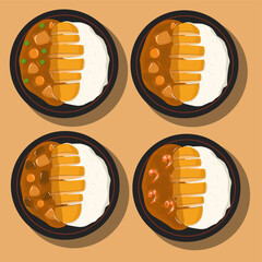 set of vector Japanese ordinary curry rice chicken katsu