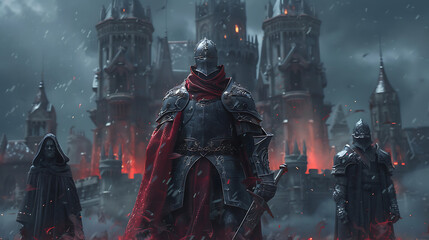 Kinght in red and black armor with a sword. Castle in behind.