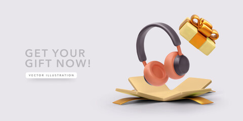 Headphones flies out of the gift box in cartoon style. Vector illustration