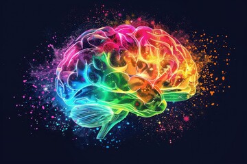 Obraz premium exploding rainbow brain vibrant spectrum of colors bursting from human brain silhouette particles and waves of creative energy abstract representation of cognitive processes
