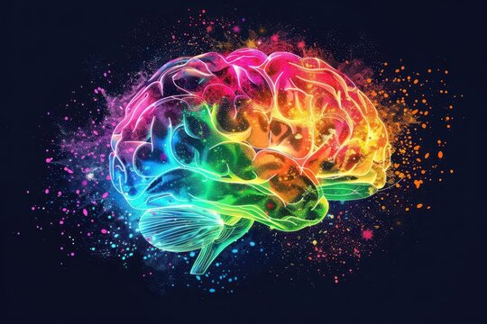 exploding rainbow brain vibrant spectrum of colors bursting from human brain silhouette particles and waves of creative energy abstract representation of cognitive processes