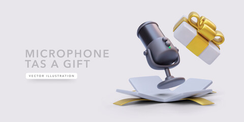 Microphone flies out of the gift box in 3D cartoon style isolated on light background. Vector illustration
