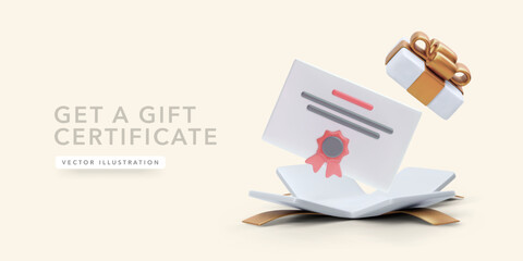 Certificate flies out of the gift box in 3D cartoon style isolated on light background. Vector illustration