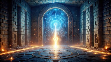 Ancient runes glowing on ground leading to portal of light, runes, ancient, glowing, ground, portal, light