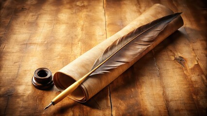 Ancient quill pen on a parchment scroll, quill, historic, writing, calligraphy, vintage, antique, traditional, old, ink