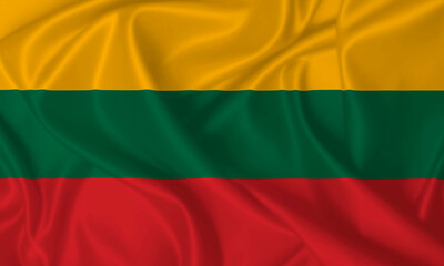 Flag of Lithuania waving in the wind on silk texture