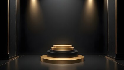 Obraz premium Gold and black luxury podium for product presentation behind dark background