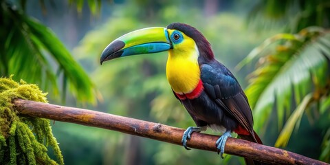 Obraz premium Blue and yellow billed toucan perched on a branch in the rainforest, tropical, exotic, bird, wildlife, colorful, beak