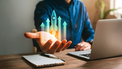 An illustration of startup business strategic planning and business success with virtual screen of rocket