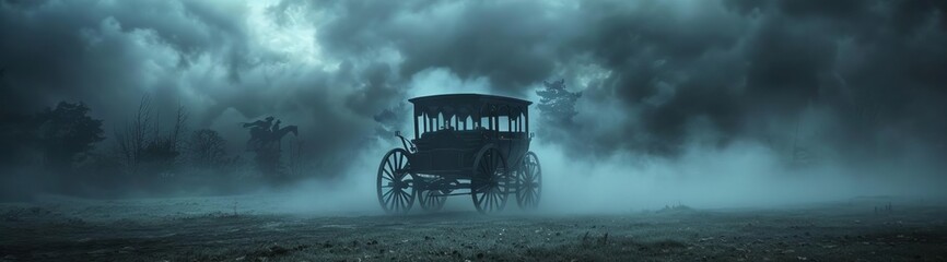 Fototapeta premium Phantom Carriage Focus on a ghostly carriage moving through the fog, with a dark, foggy night background, empty space center for text