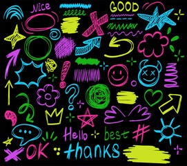 Doodle graffiti abstract neon elements. Crown, arrow shape, star in outline brushstroke style. Hand drawn symbol.