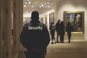 Close-up of a security guard's back with the word "Security" visible, standing in front of a museum, emphasizing museum security 