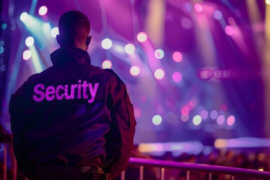 Close-up of a security guard's back with the word "Security" visible, standing in front of a concert stage, emphasizing event security