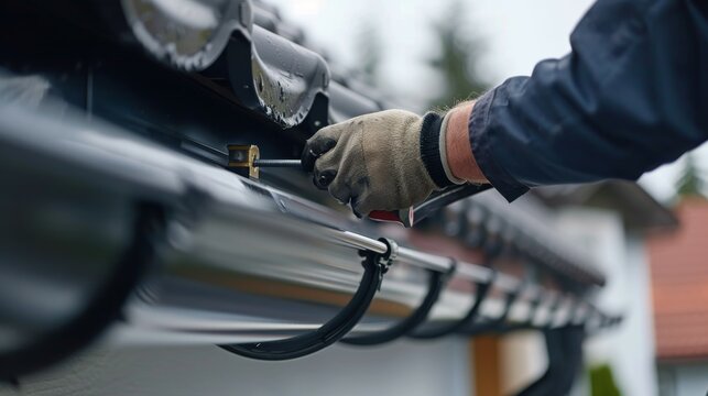 A detailed view of a technician using a pop rivet tool to secure the joints of a seamless gutter system ensuring a tight fit,