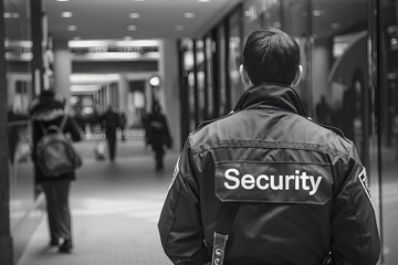 Close-up of a security guard's back with the word "Security" visible, standing in front of a bank, highlighting financial institution security