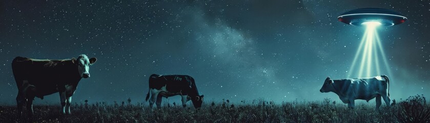 Fototapeta premium UFO Abducting Cows Focus on a beam of light pulling cows up into a UFO, with a rural night background, empty space left for text