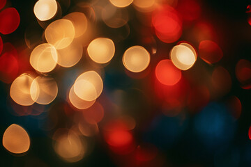 A vibrant bokeh effect with red and yellow lights creating a festive and warm visual on a dark background