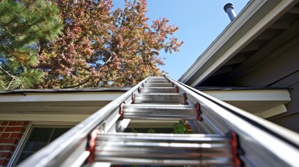 Ladder Logic A sturdy ladder is securely positioned against the house providing safe access to the roof for gutter installation.,