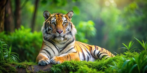 Fototapeta premium Beautiful Bengal tiger relaxing in lush green habitat background, Bengal tiger, beautiful, wildlife, animal, nature, predator