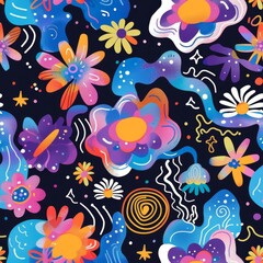 Vibrant Floral and Celestial Pattern Design with Abstract Elements